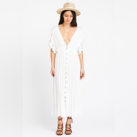 Aakaa White Boho Deep V-Neck Tassel Waist Beach Cover-Up Maxi Dress Size S - Picture 1 of 16